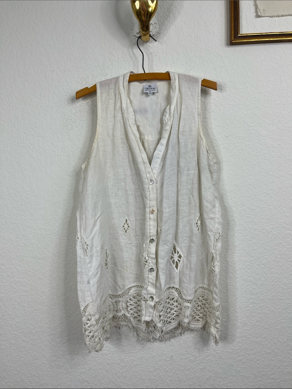 Theodora Postiano Lace Linen Embroidered Ladder Lace Scalloped Hem Button Front